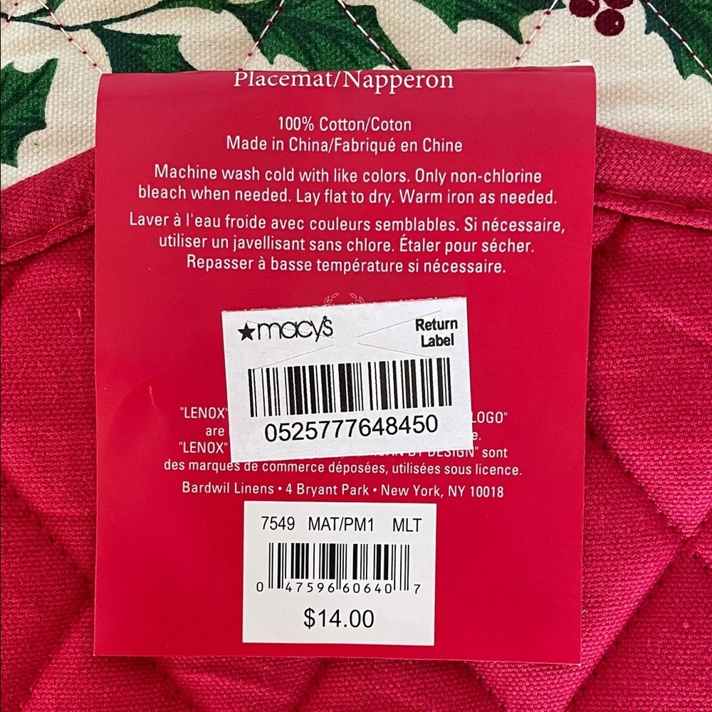 LENOX Holiday Antique Car and Holly Quilted Placemats Red and Green Qty (7)